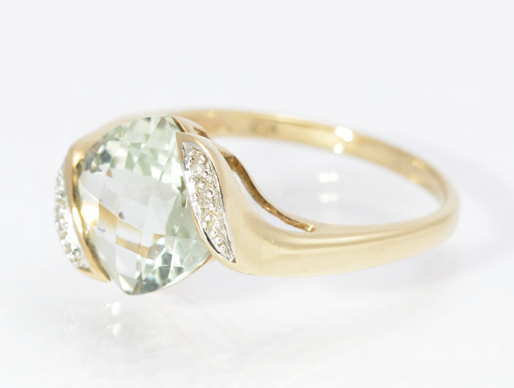 Stylish 9ct Gold & Natural Prasiolite & Diamond Offset Shoulder Ring Size P1/2 (C2864)
