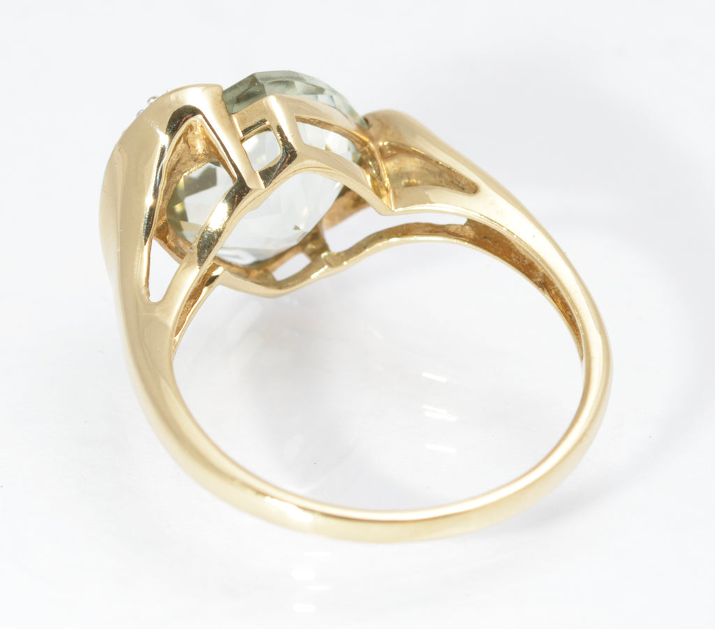 Stylish 9ct Gold & Natural Prasiolite & Diamond Offset Shoulder Ring Size P1/2 (C2864)