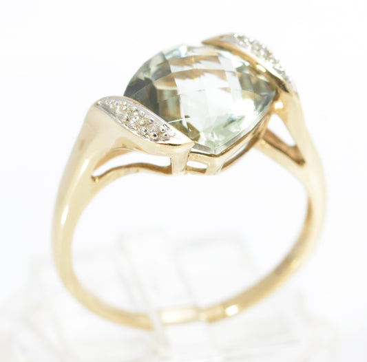 Stylish 9ct Gold & Natural Prasiolite & Diamond Offset Shoulder Ring Size P1/2 (C2864)