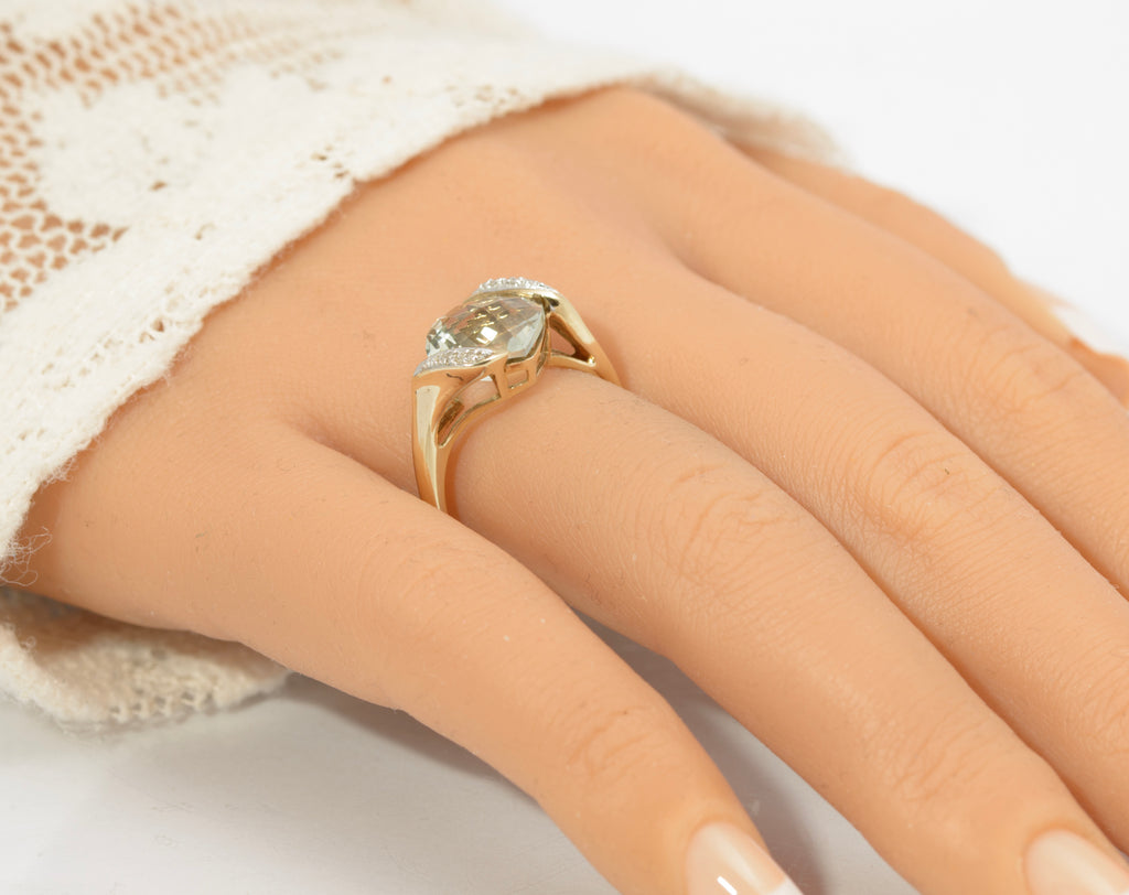 Stylish 9ct Gold & Natural Prasiolite & Diamond Offset Shoulder Ring Size P1/2 (C2864)