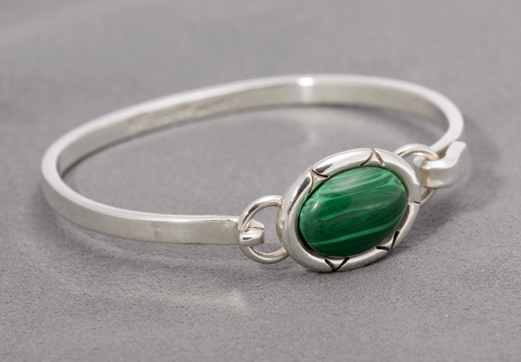 Vintage Mexican Sterling Silver & Malachite Cabochon Bangle / Bracelet (C2867)