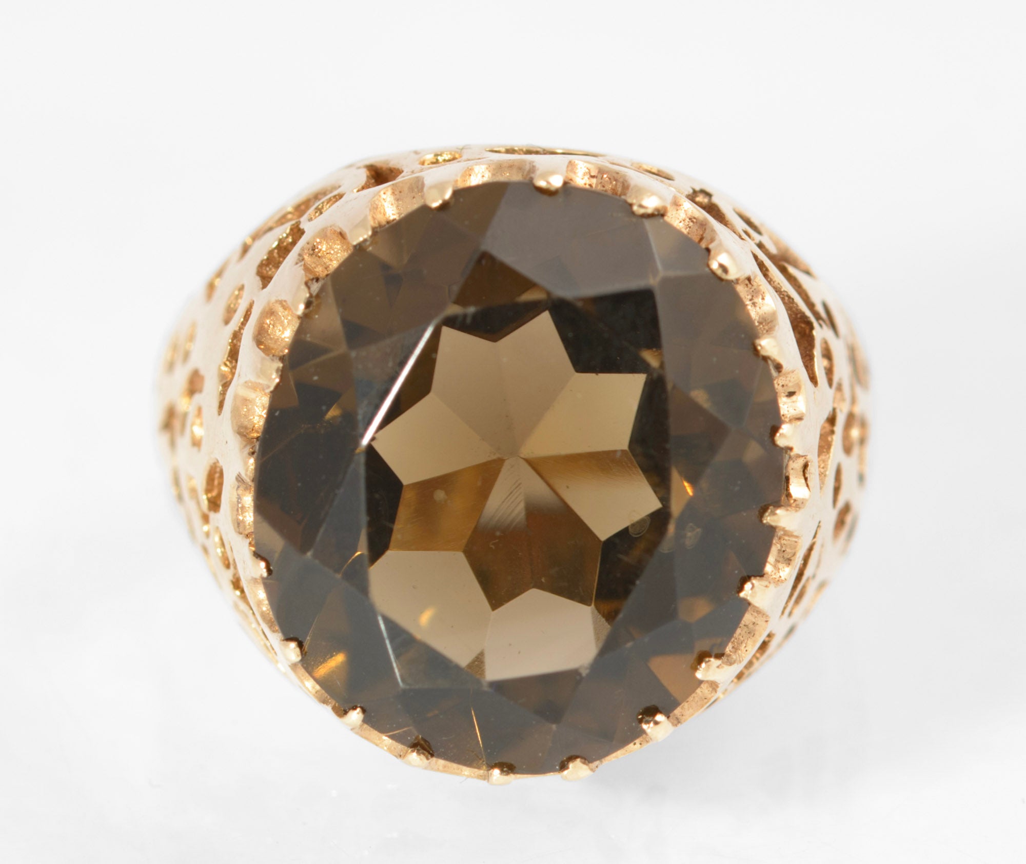 Vintage 9ct Gold Brutalist Design Large 10 Carat Smoky Quartz Gemstone Ring (C2875)