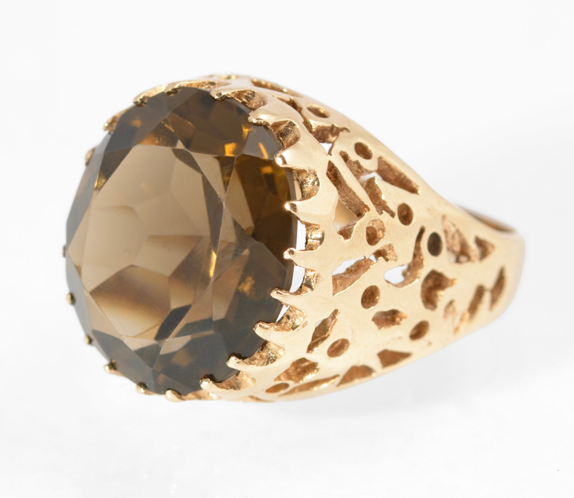 Vintage 9ct Gold Brutalist Design Large 10 Carat Smoky Quartz Gemstone Ring (C2875)