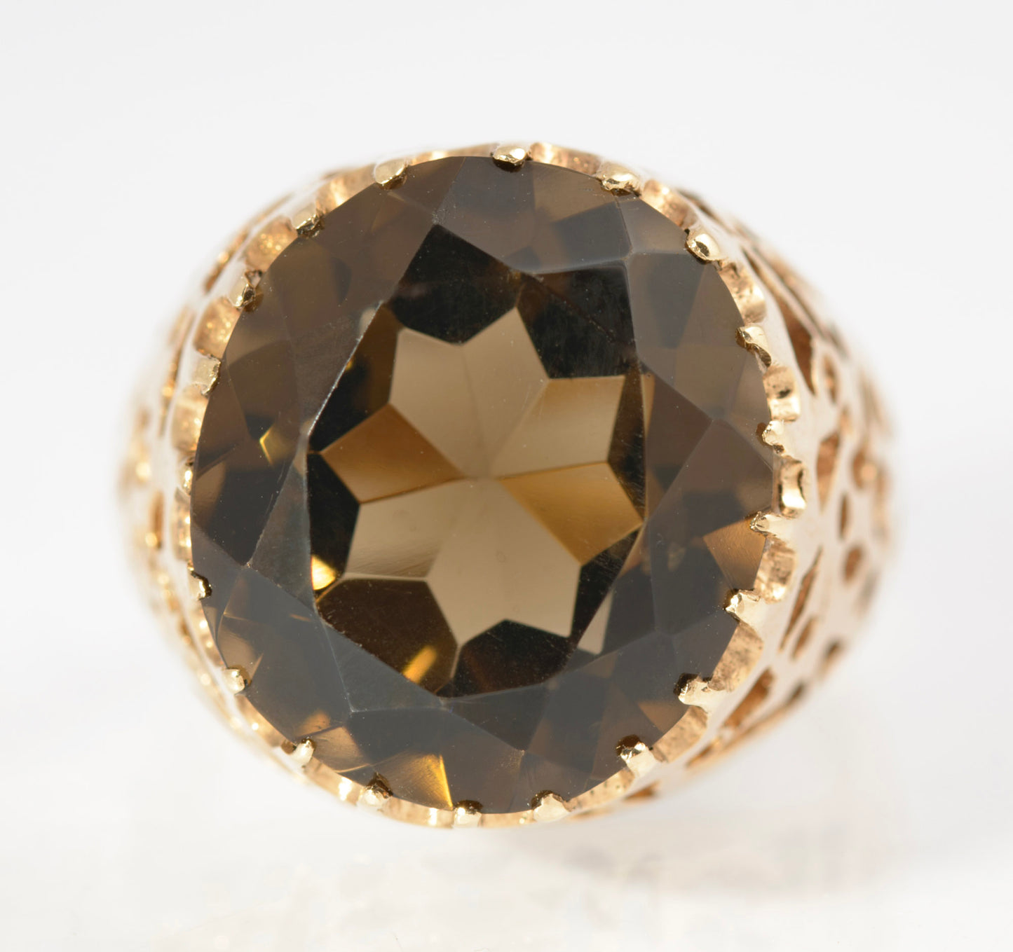 Vintage 9ct Gold Brutalist Design Large 10 Carat Smoky Quartz Gemstone Ring (C2875)