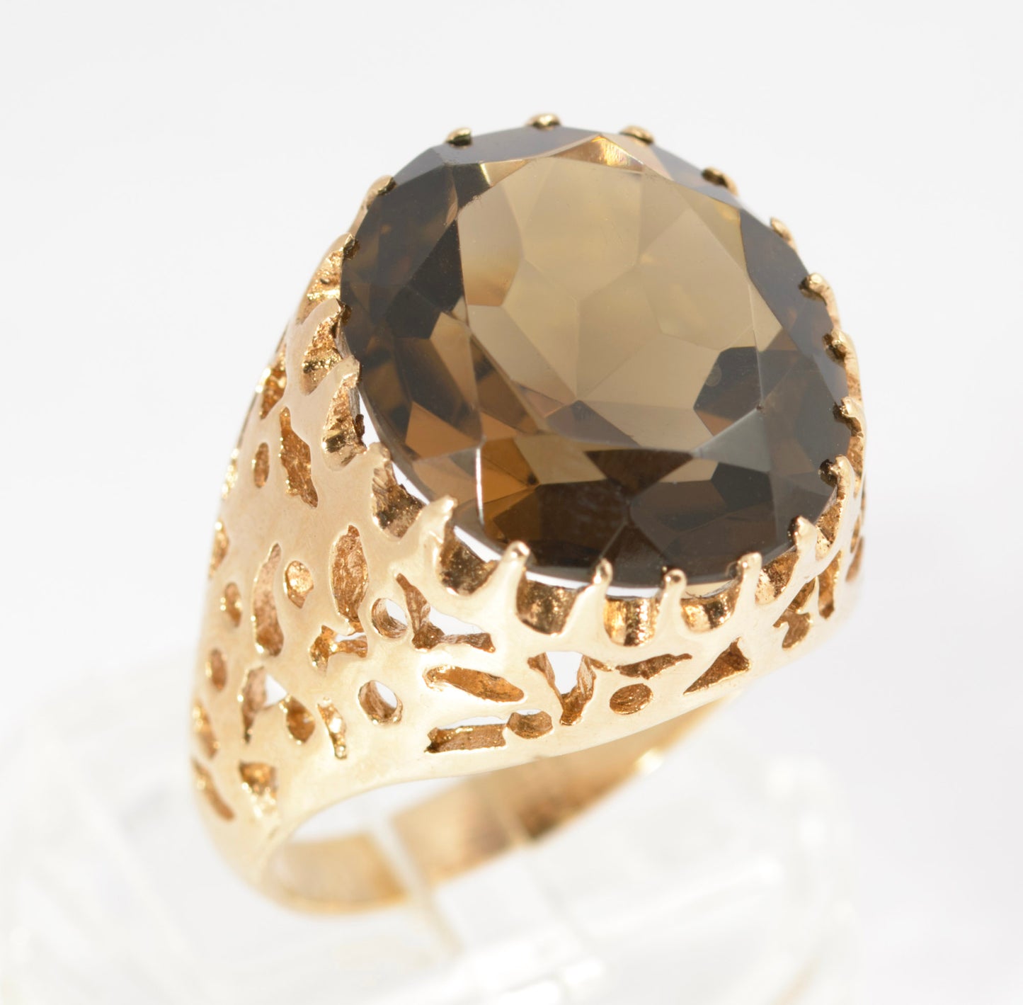 Vintage 9ct Gold Brutalist Design Large 10 Carat Smoky Quartz Gemstone Ring (C2875)