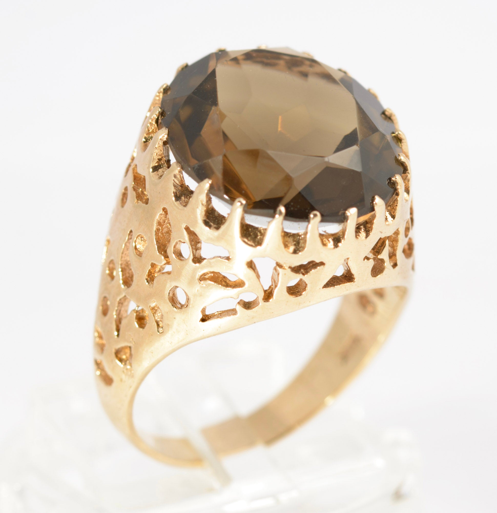 Vintage 9ct Gold Brutalist Design Large 10 Carat Smoky Quartz Gemstone Ring (C2875)