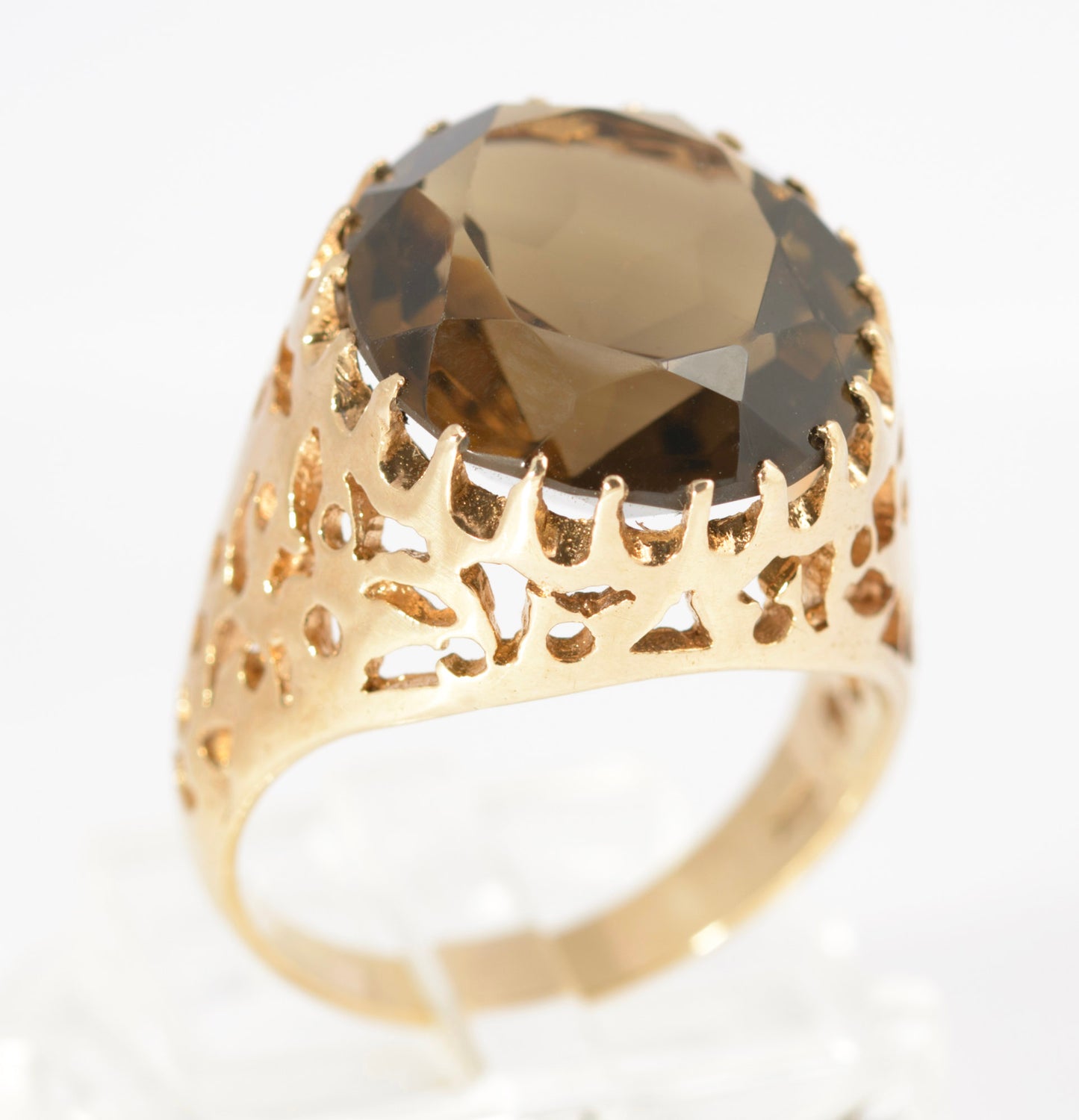 Vintage 9ct Gold Brutalist Design Large 10 Carat Smoky Quartz Gemstone Ring (C2875)