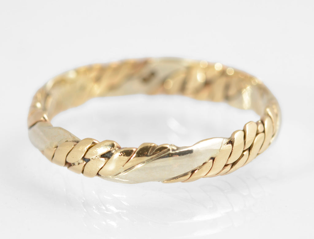 Vintage 9ct Bi Colour Gold Band Ring Woven Braid Plait Design Ladies UK Size O (C2877)