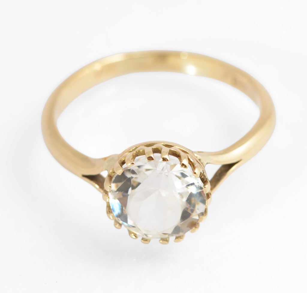 Vintage 9ct Gold & Crystal Gem Solitaire Ring 1960's Hallmark Ladies UK Size Q (C878)
