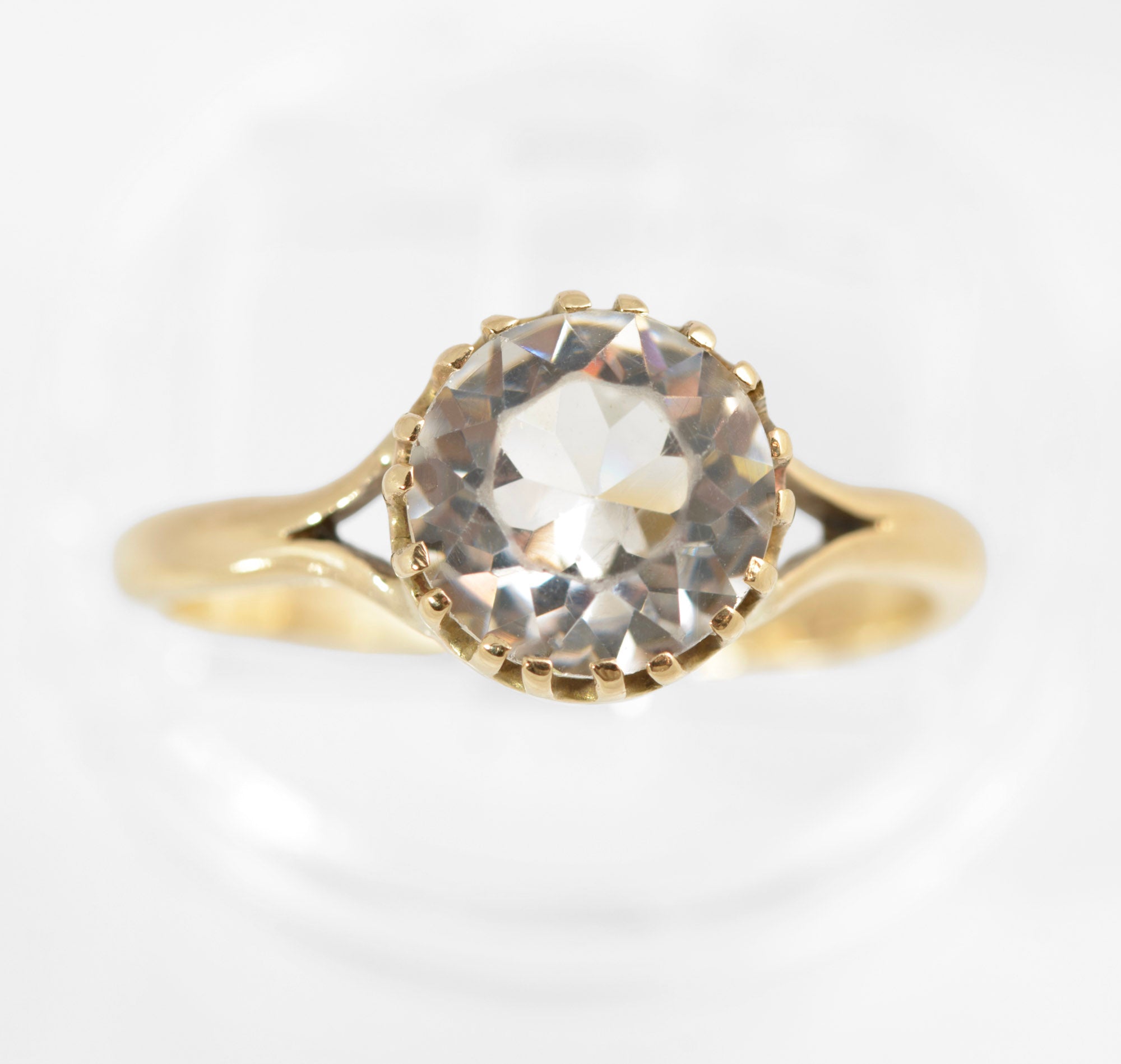 Vintage 9ct Gold & Crystal Gem Solitaire Ring 1960's Hallmark Ladies UK Size Q (C878)