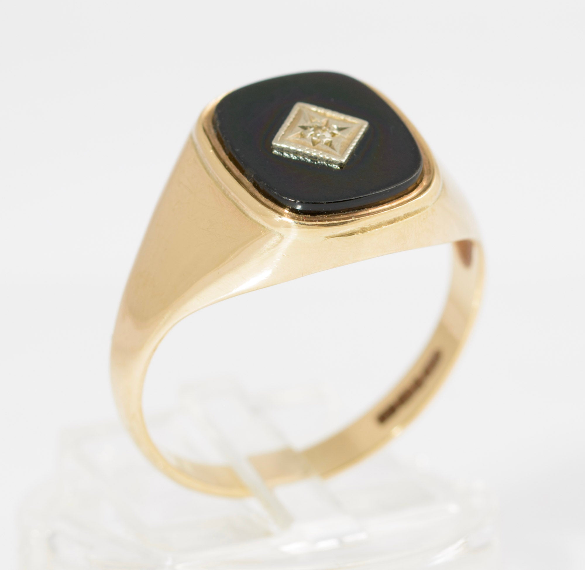 Vintage 9ct Gold Black Onyx & Diamond Classic Men's Signet Ring UK Size T (C2881)