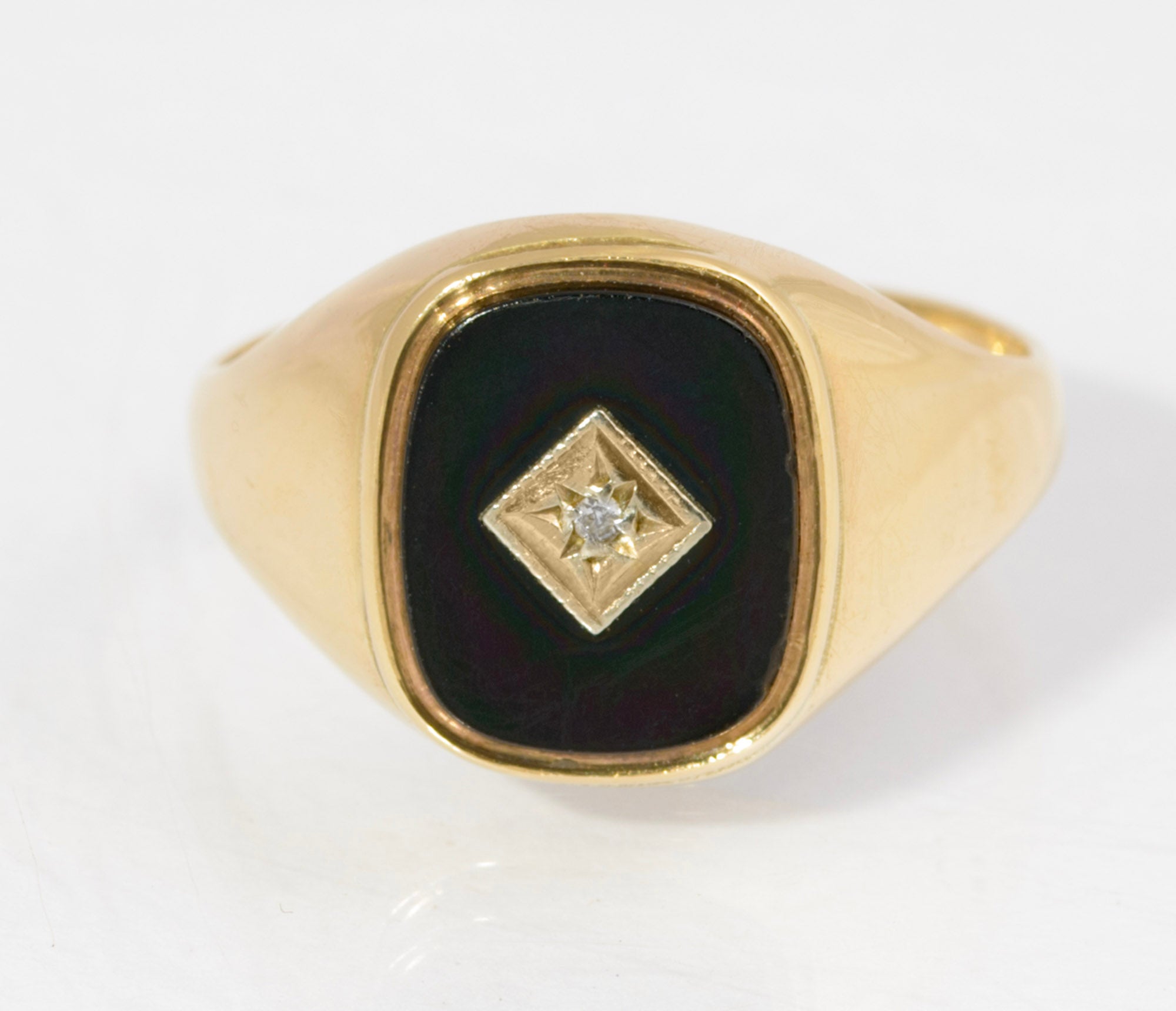 Vintage 9ct Gold Black Onyx & Diamond Classic Men's Signet Ring Size T (C2881)
