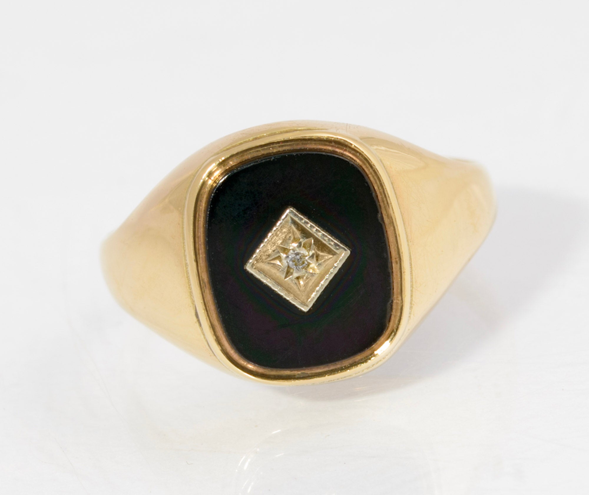 Vintage 9ct Gold Black Onyx & Diamond Classic Men's Signet Ring Size T (C2881)