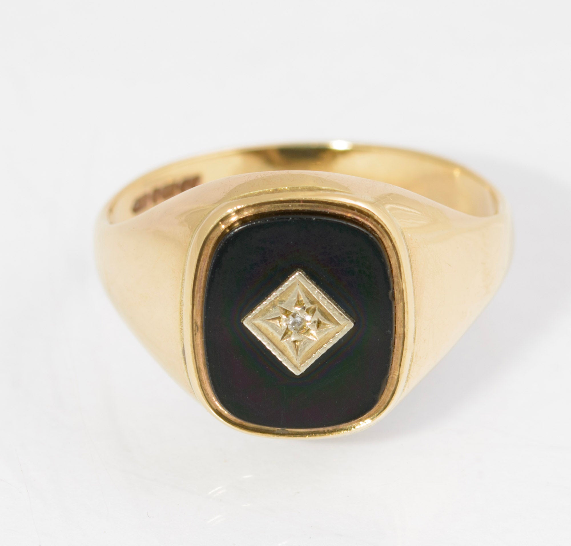 Vintage 9ct Gold Black Onyx & Diamond Classic Men's Signet Ring Size T (C2881)