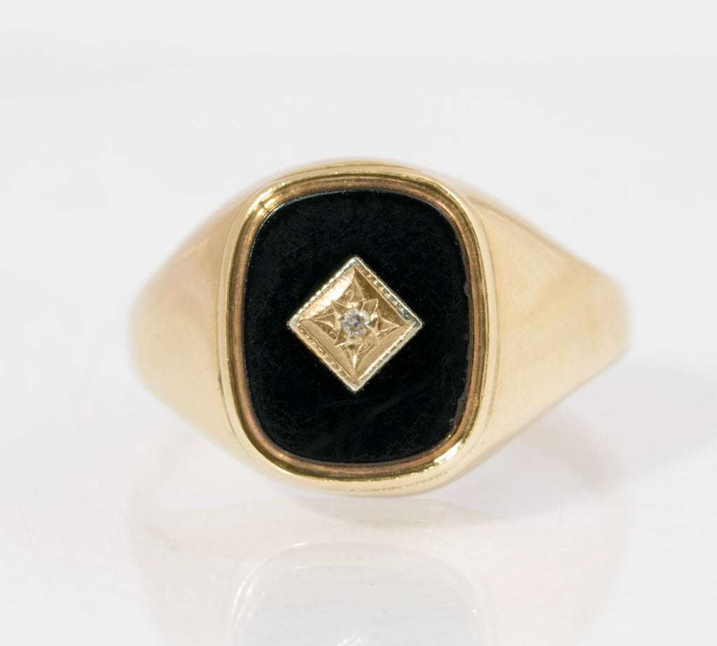 Vintage 9ct Gold Black Onyx & Diamond Classic Men's Signet Ring UK Size T (C2881)