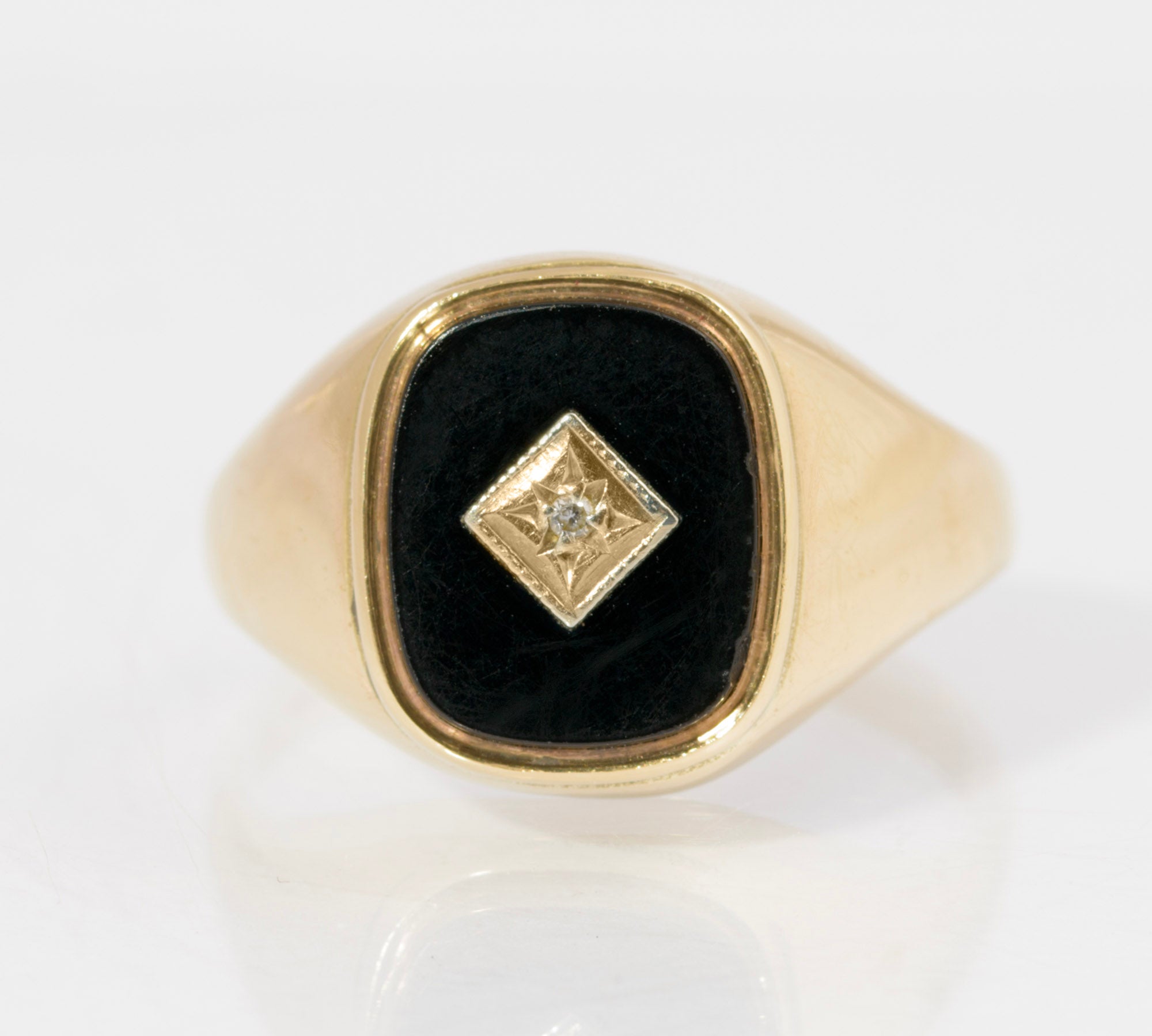 Vintage 9ct Gold Black Onyx & Diamond Classic Men's Signet Ring Size T (C2881)
