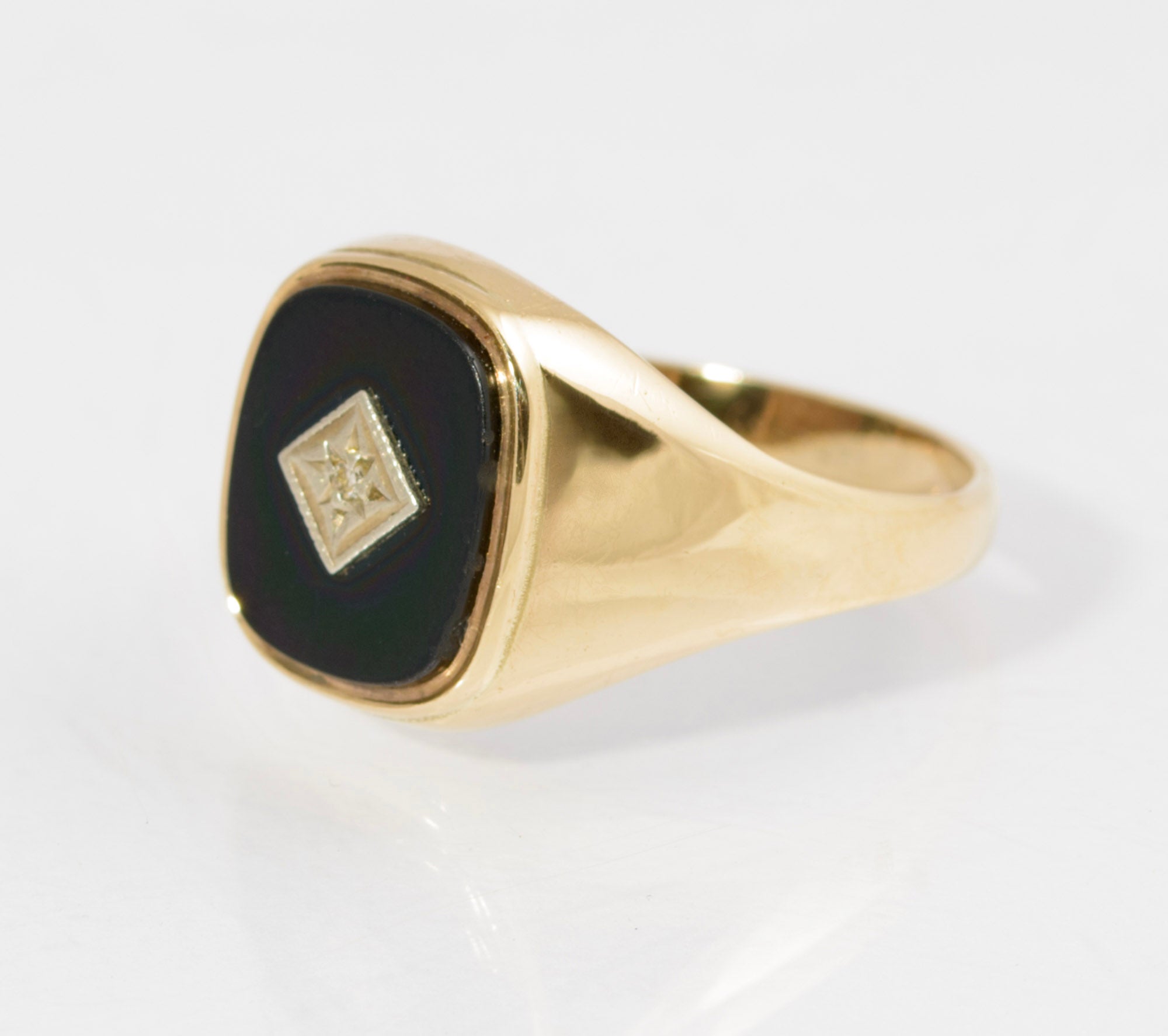 Vintage 9ct Gold Black Onyx & Diamond Classic Men's Signet Ring UK Size T (C2881)