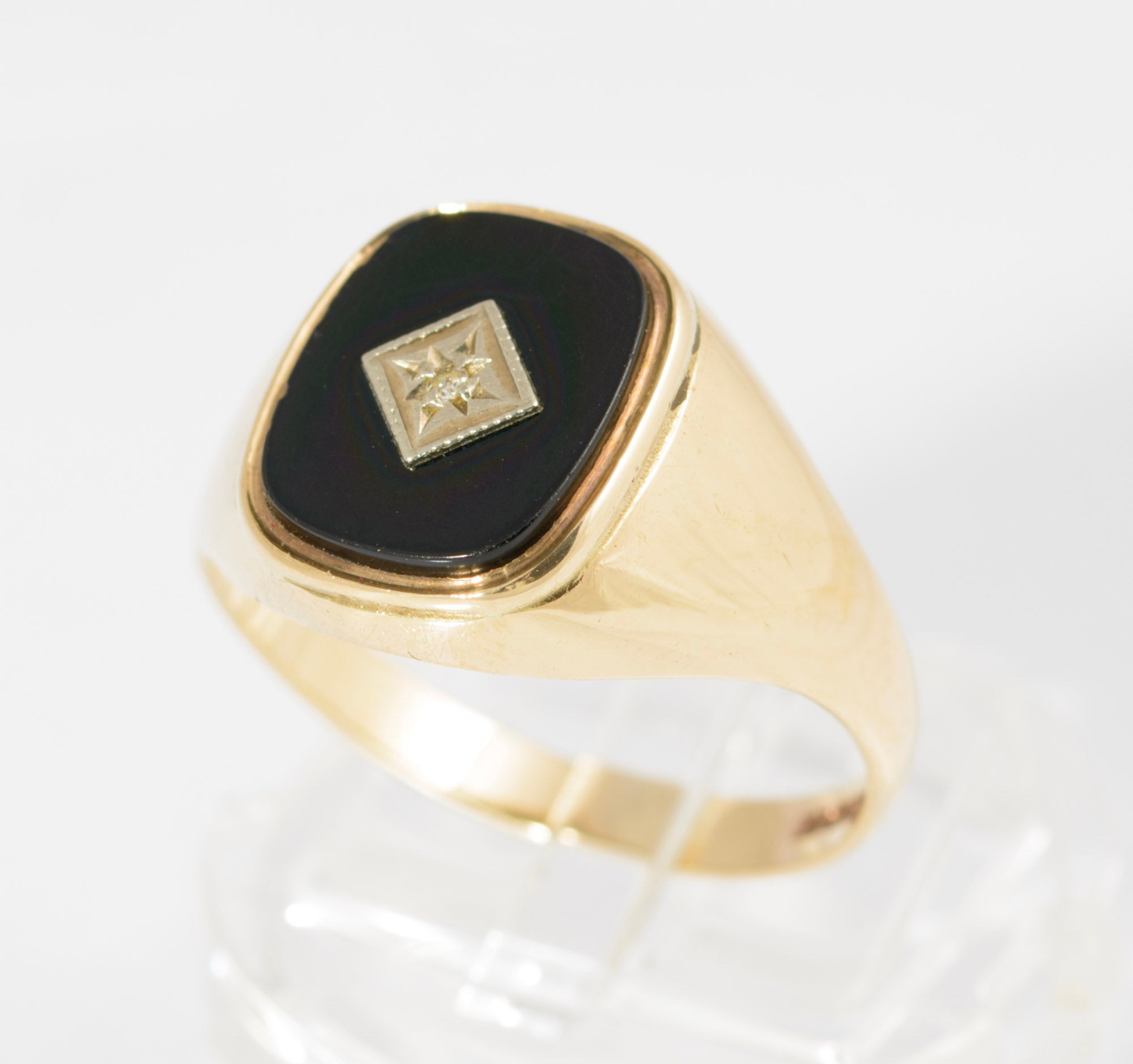 Vintage 9ct Gold Black Onyx & Diamond Classic Men's Signet Ring UK Size T (C2881)
