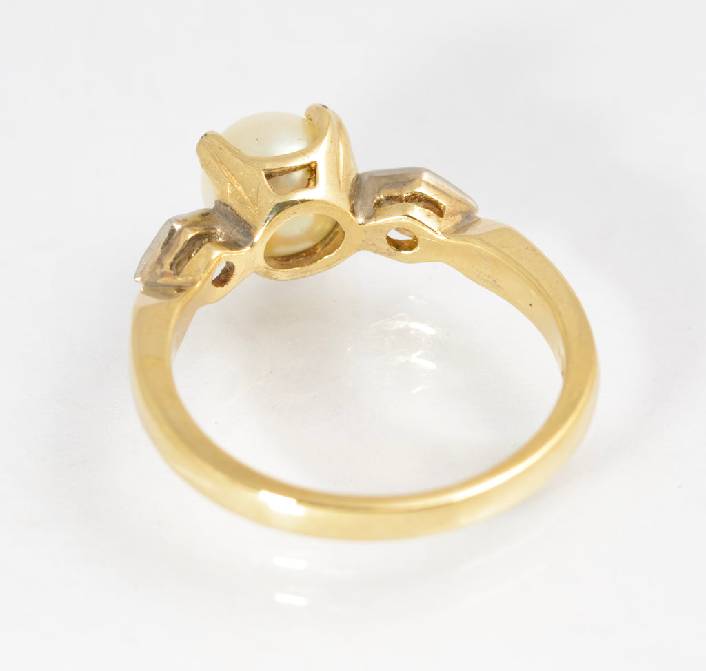 Vintage 10K Gold Cultured Pearl & Natural Diamond Ladies Ring UK Size K (C2882)