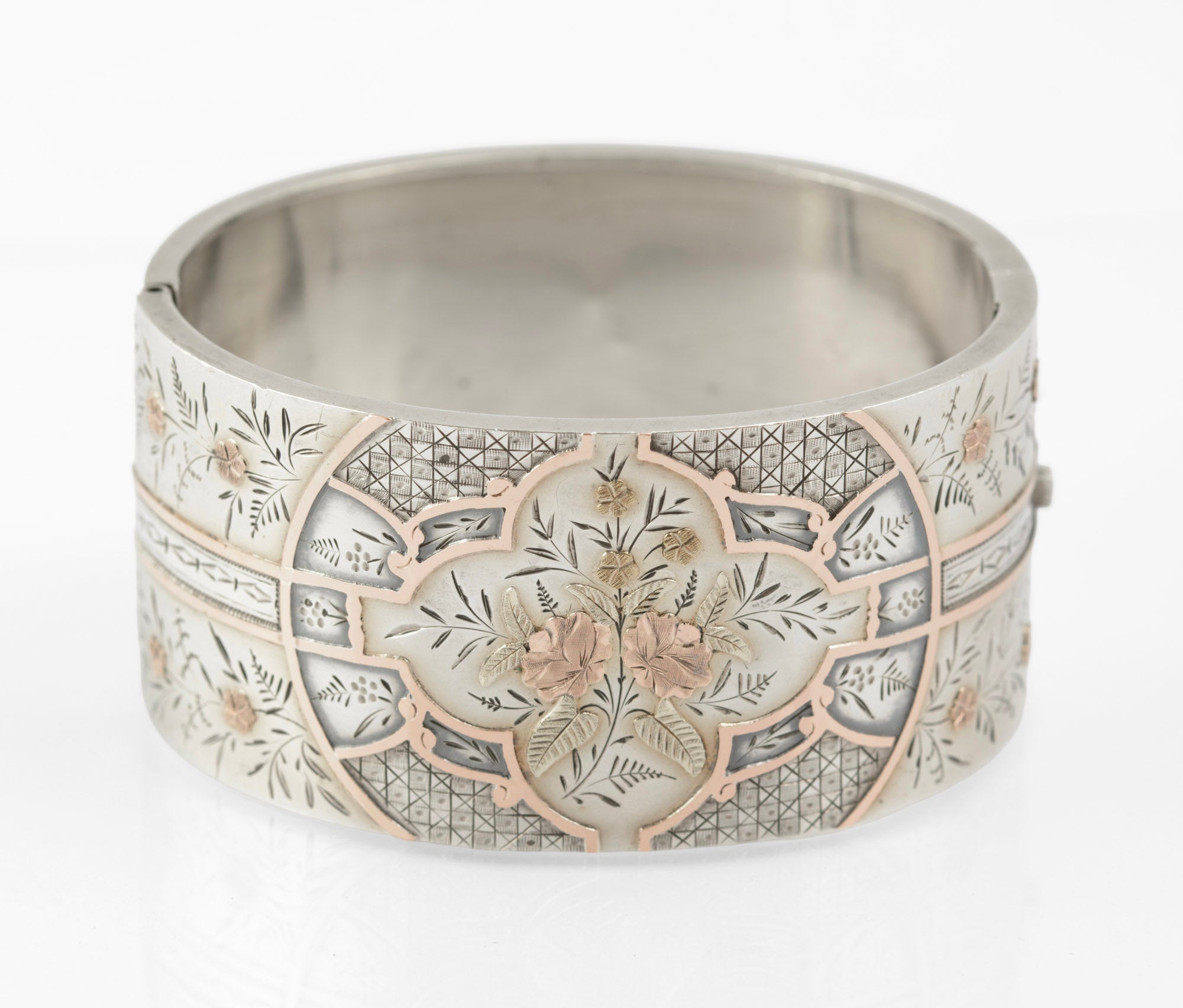 Fine Antique Victorian Sterling Silver & Gold Wide Cuff Bangle c.1880 (C2884)