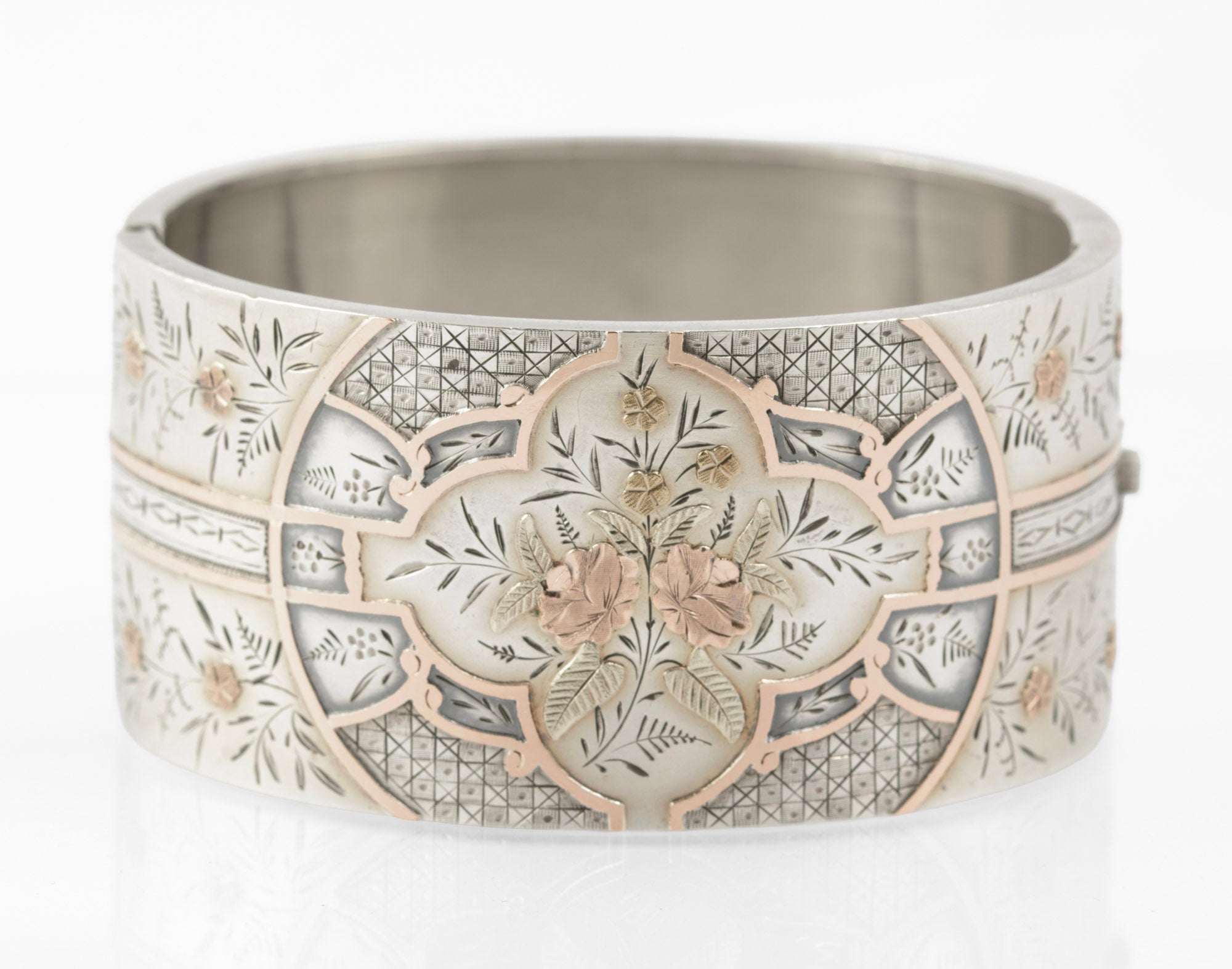 Fine Antique Victorian Sterling Silver & Gold Wide Cuff Bangle c.1880 (C2884)