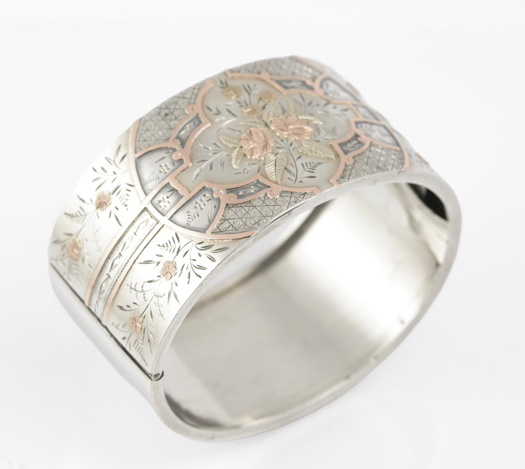 Fine Antique Victorian Sterling Silver & Gold Wide Cuff Bangle c.1880 (C2884)