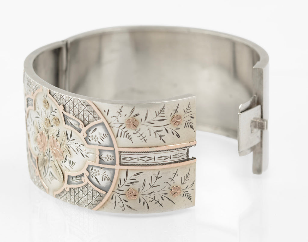 Fine Antique Victorian Sterling Silver & Gold Wide Cuff Bangle c.1880 (C2884)