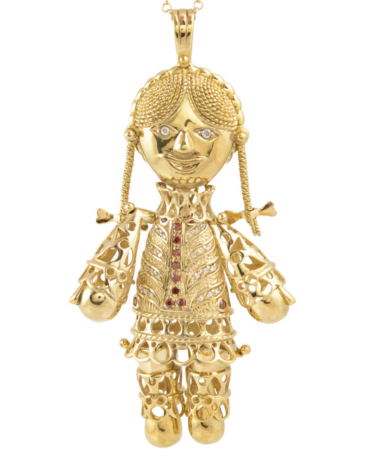 Vintage Sterling Silver Gilt Very Large Articulated Rag Doll Pendant Necklace (C2887)