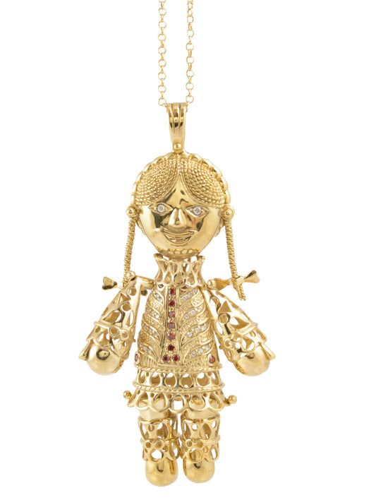Vintage Sterling Silver Gilt Very Large Articulated Rag Doll Pendant Necklace (C2887)