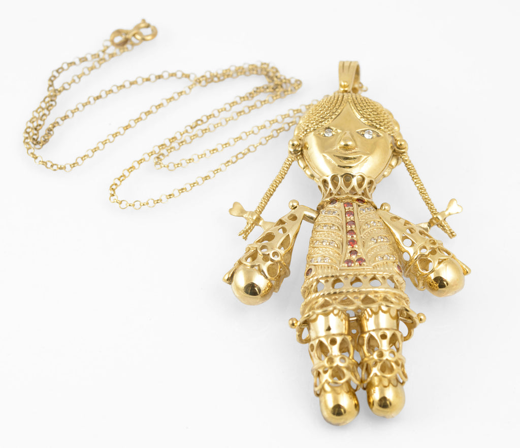 Vintage Sterling Silver Gilt Very Large Articulated Rag Doll Pendant Necklace (C2887)