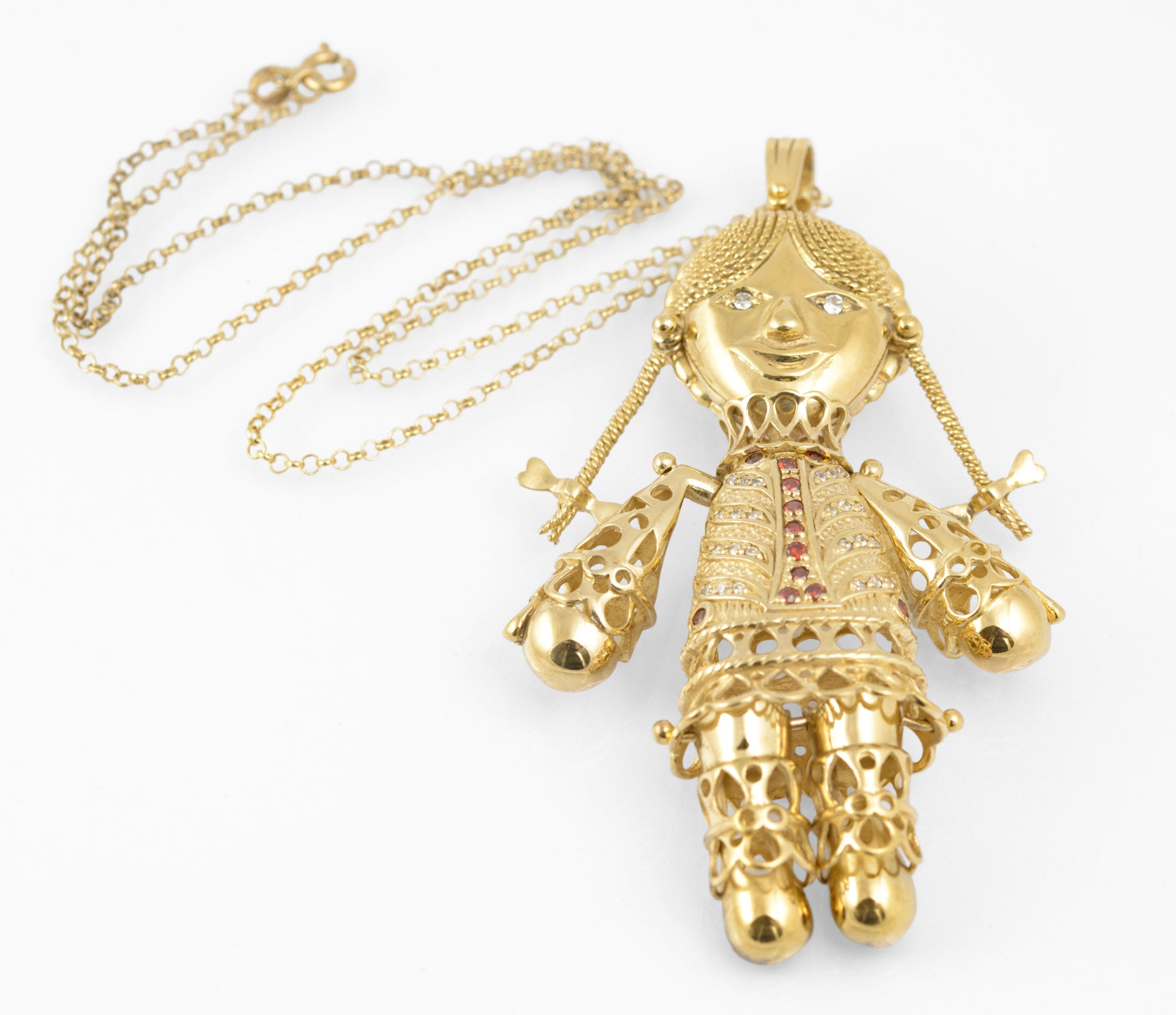 Vintage Sterling Silver Gilt Very Large Articulated Rag Doll Pendant Necklace (C2887)