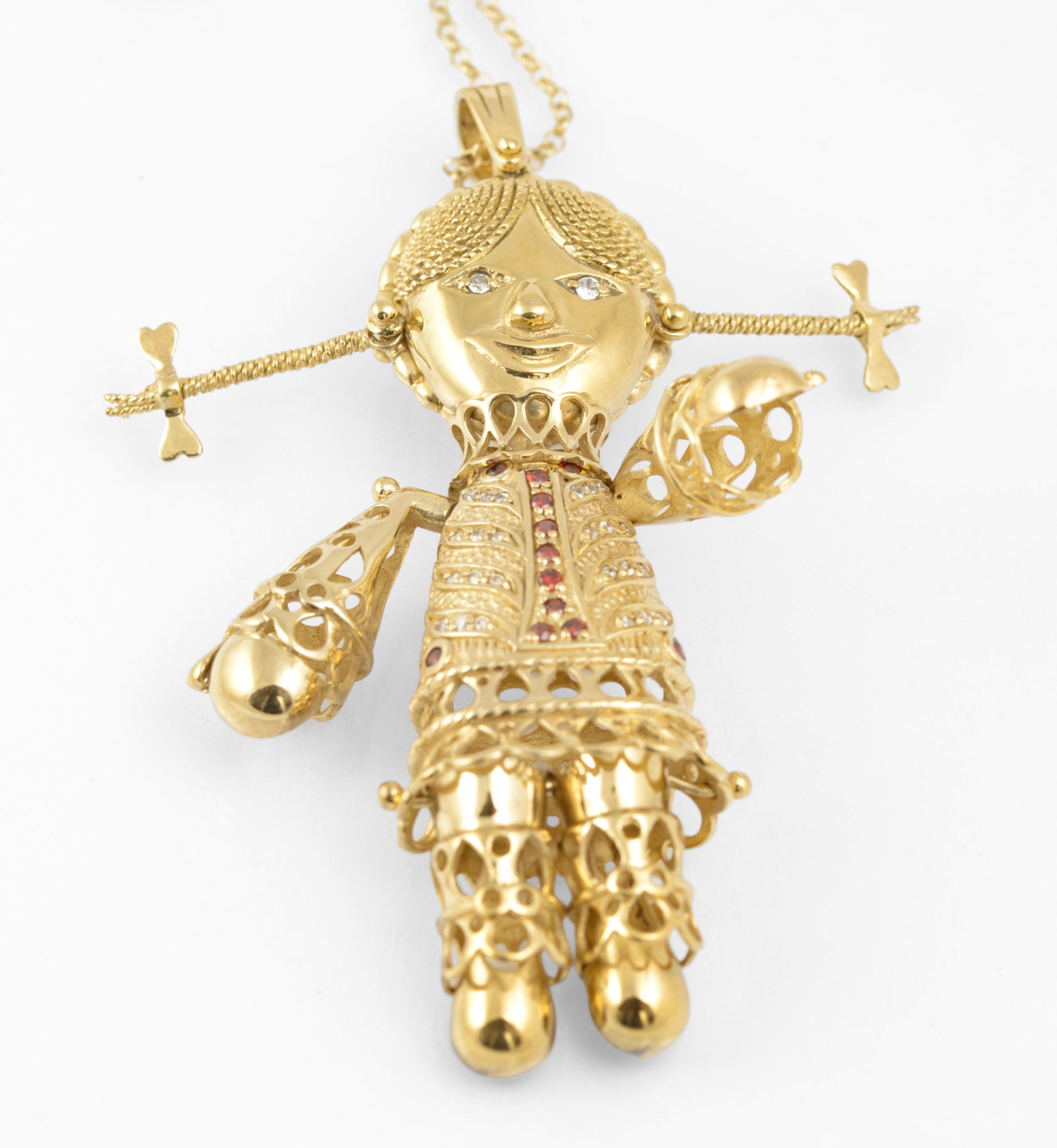 Vintage Sterling Silver Gilt Very Large Articulated Rag Doll Pendant Necklace (C2887)