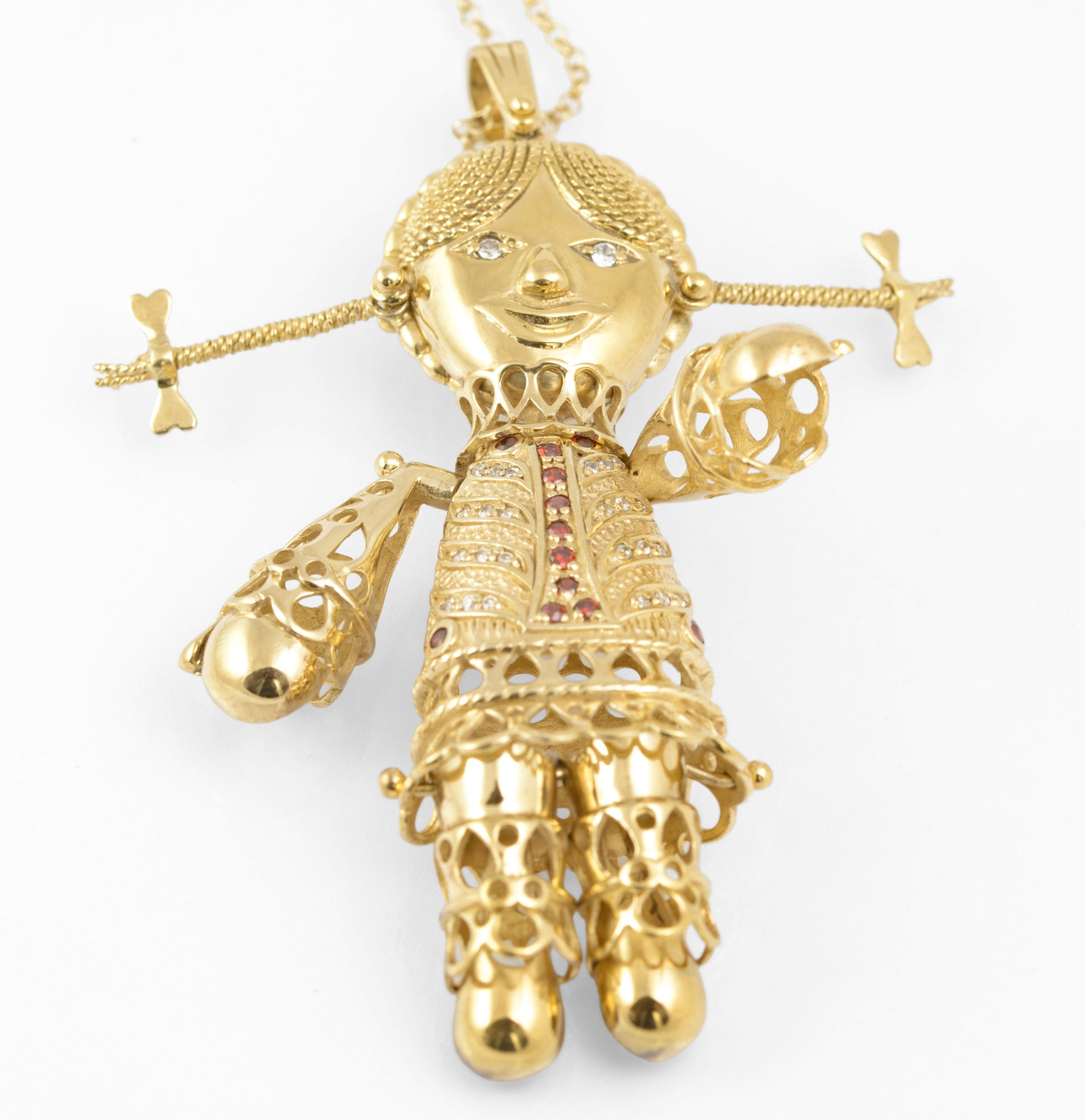 Vintage Sterling Silver Gilt Very Large Articulated Rag Doll Pendant Necklace (C2887)