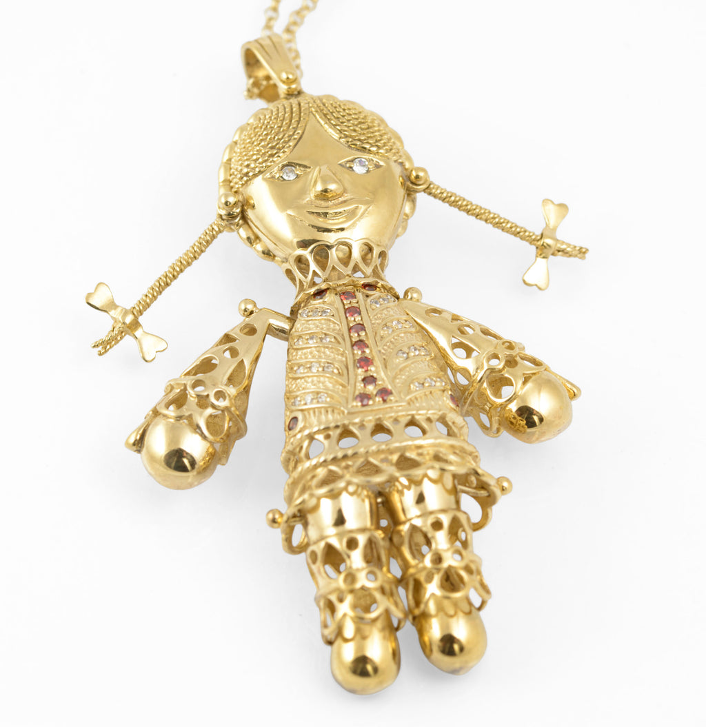 Vintage Sterling Silver Gilt Very Large Articulated Rag Doll Pendant Necklace (C2887)