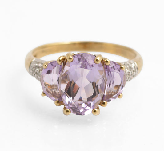 Vintage 9ct Gold Rose de France Triple Amethyst Dress Ring - Diamond Shoulders (C2890)