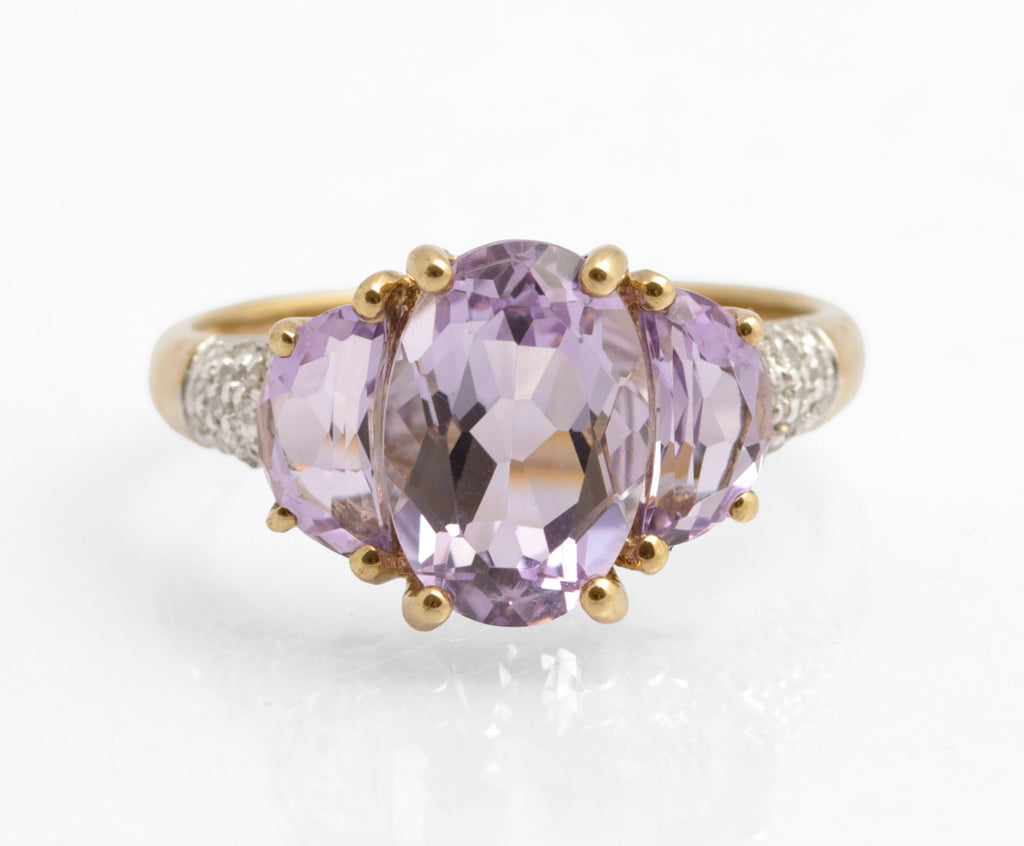 Vintage 9ct Gold Rose de France Triple Amethyst Dress Ring - Diamond Shoulders (C2890)