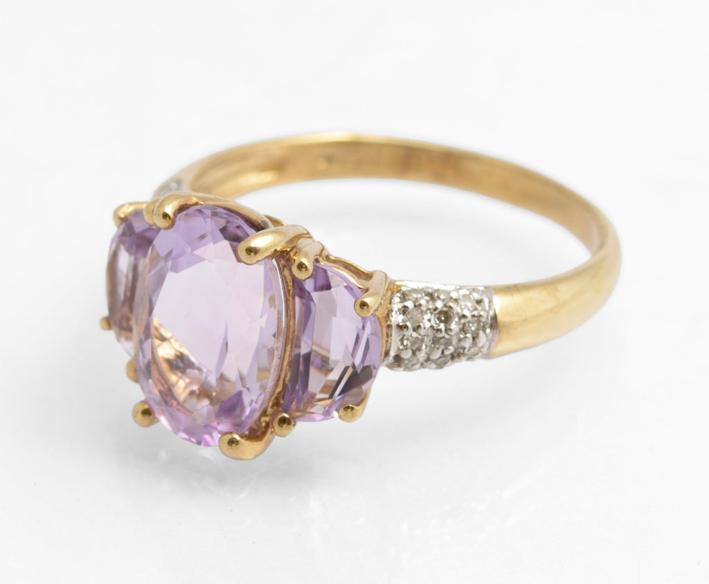 Vintage 9ct Gold Rose de France Triple Amethyst Dress Ring - Diamond Shoulders (C2890)