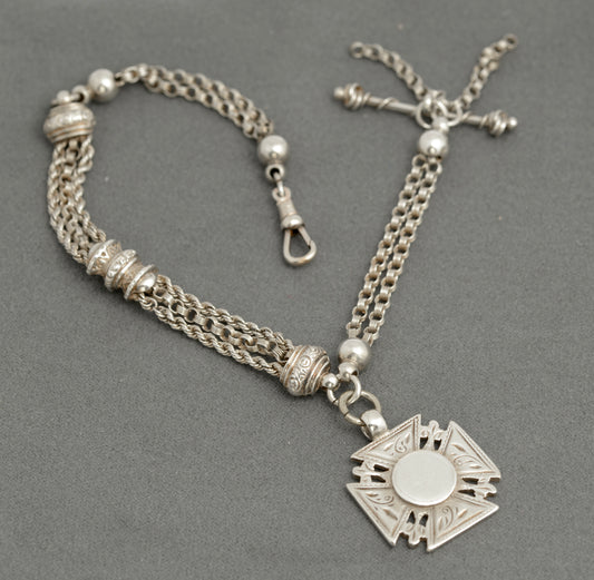 Antique Victorian Sterling Silver Albertina Watch Chain With Fob Hallmarked 1893 (C2894)