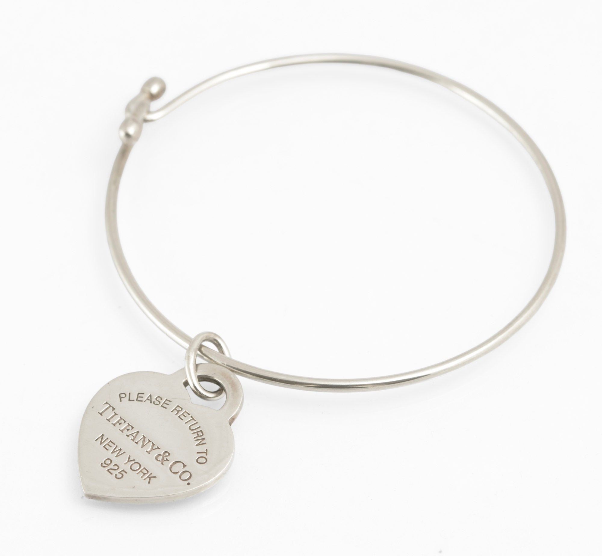 Tiffany & Co Sterling Silver Wire Bangle - Enamel Return To Tiffany Heart Charm (C2899)