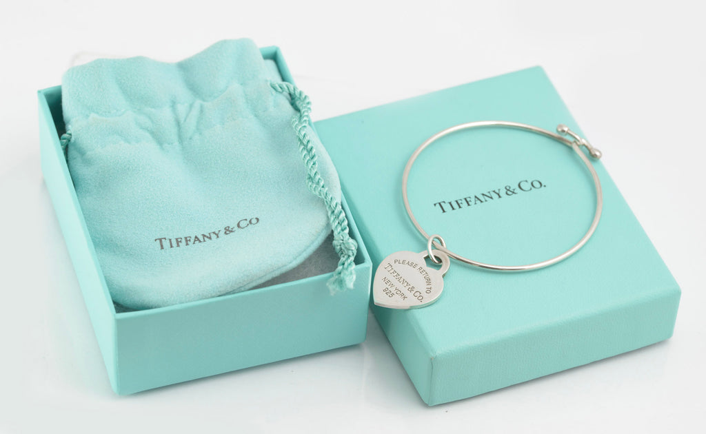 Tiffany & Co Sterling Silver Wire Bangle - Enamel Return To Tiffany Heart Charm (C2899)