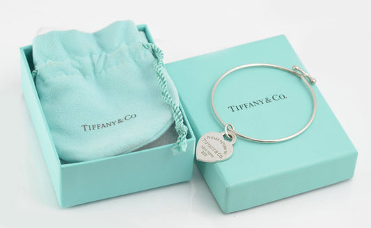 Tiffany & Co Sterling Silver Wire Bangle - Enamel Return To Tiffany Heart Charm (C2899)