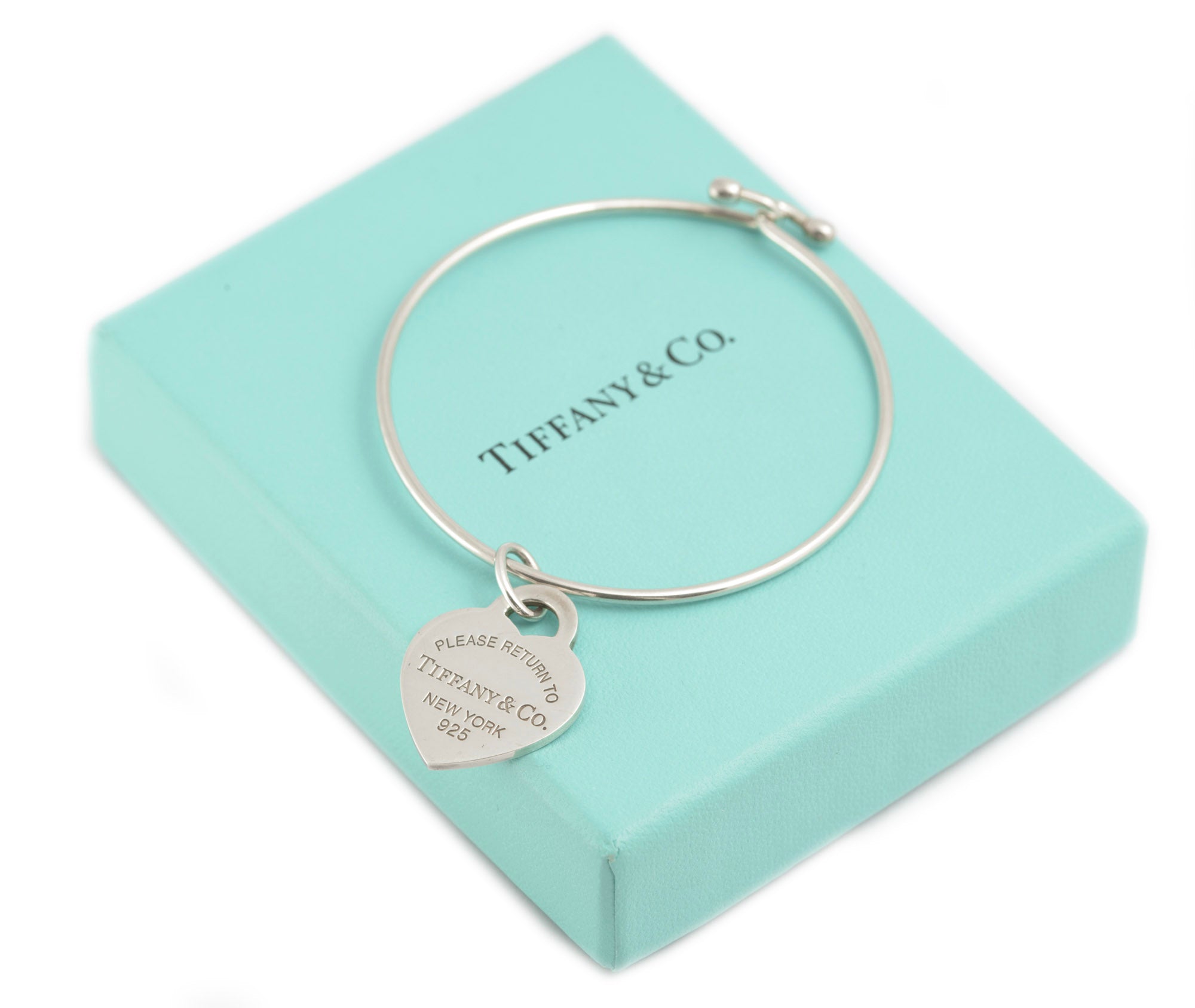 Tiffany & Co Sterling Silver Wire Bangle - Enamel Return To Tiffany Heart Charm (C2899)
