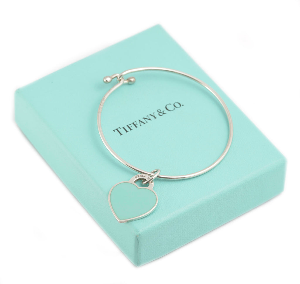 Tiffany & Co Sterling Silver Wire Bangle - Enamel Return To Tiffany Heart Charm (C2899)