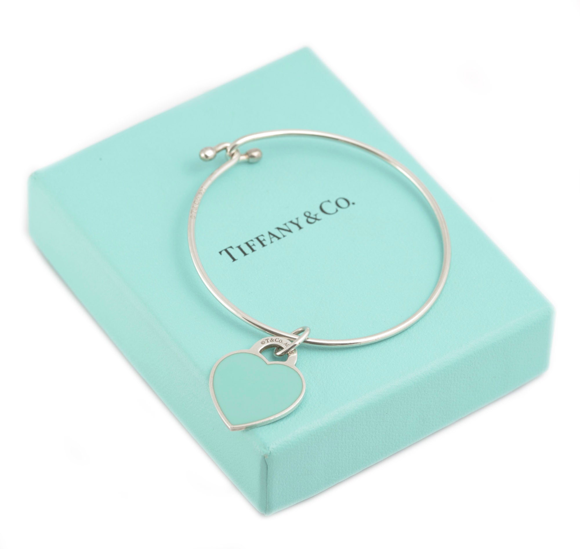 Tiffany & Co Sterling Silver Wire Bangle - Enamel Return To Tiffany Heart Charm (C2899)