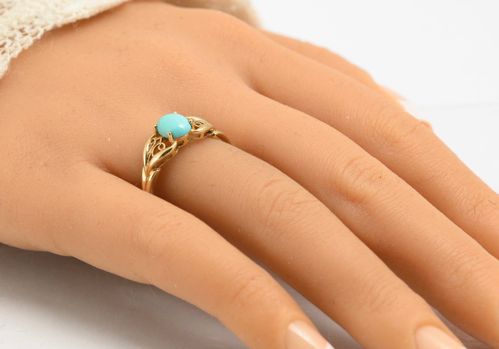 9ct Yellow Gold Ring With Natural Turquoise Cabochon & Filigree Mount Size S (C2905)