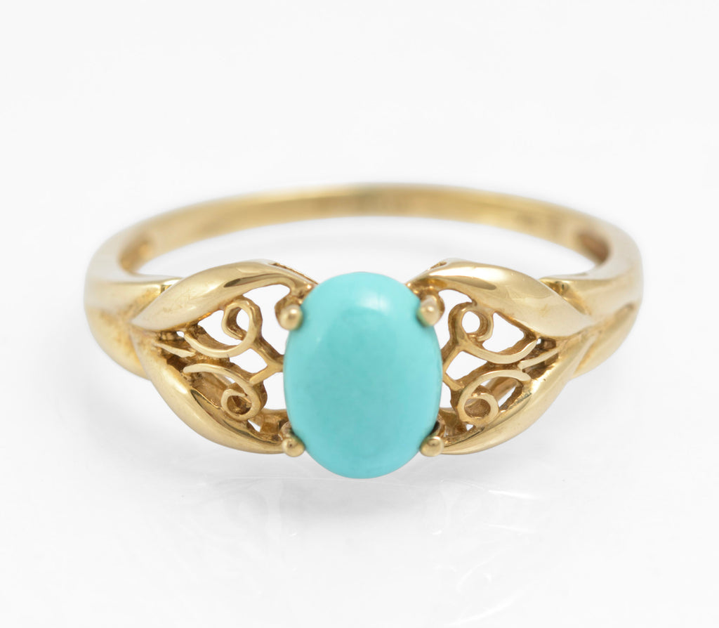 9ct Yellow Gold Ring With Natural Turquoise Cabochon & Filigree Mount Size S (C2905)