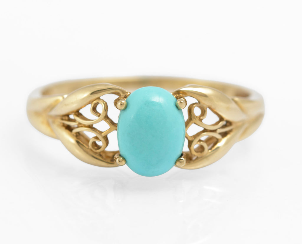 9ct Yellow Gold Ring With Natural Turquoise Cabochon & Filigree Mount Size S (C2905)