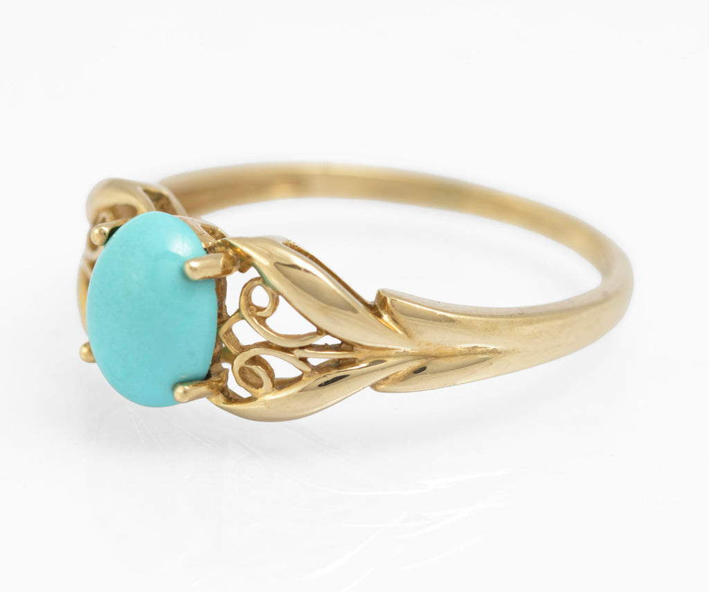 9ct Yellow Gold Ring With Natural Turquoise Cabochon & Filigree Mount Size S (C2905)