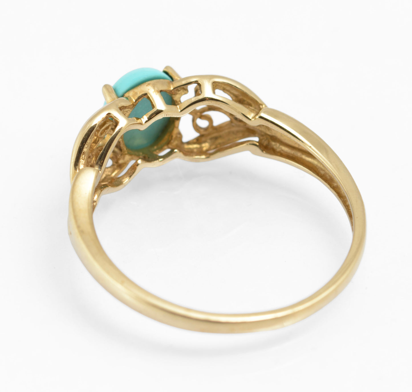 9ct Yellow Gold Ring With Natural Turquoise Cabochon & Filigree Mount Size S (C2905)