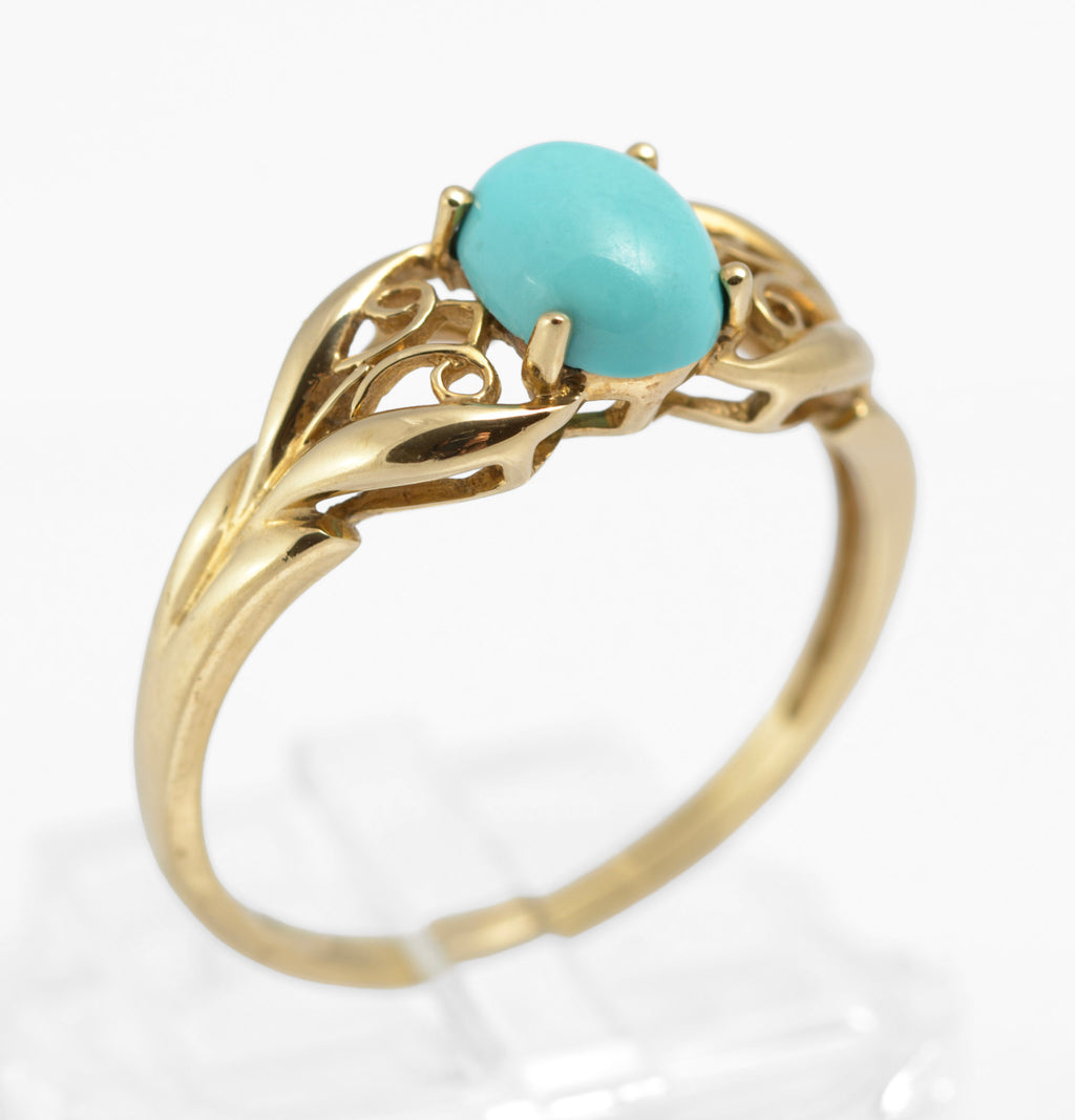 9ct Yellow Gold Ring With Natural Turquoise Cabochon & Filigree Mount Size S (C2905)